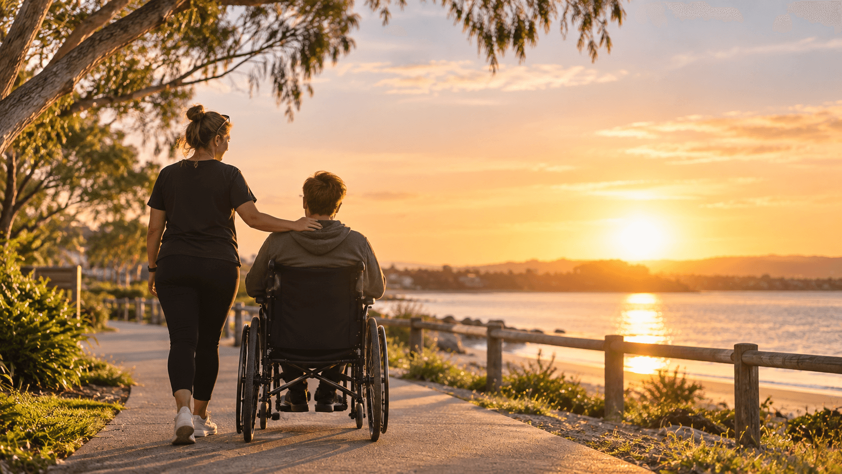 A support worker walking beside a young man in a wheelchair along a waterfront path at sunset